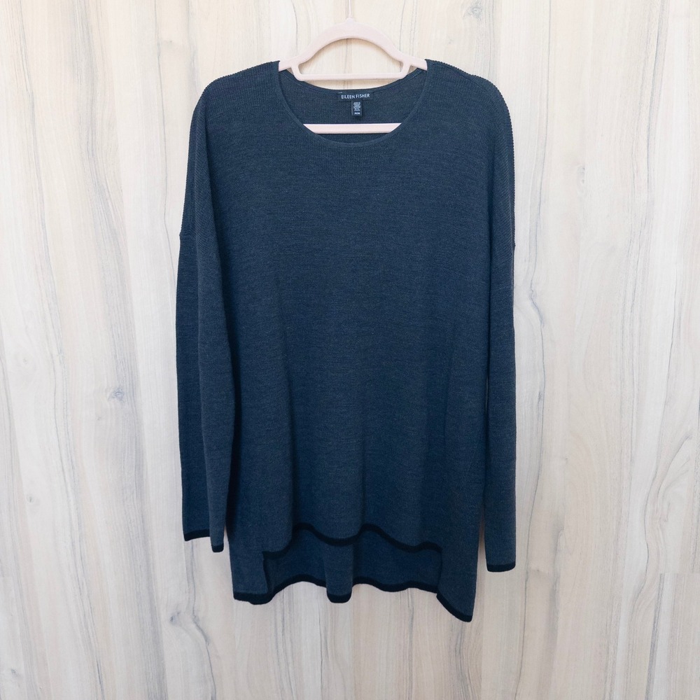 Eileen Fisher Merino Wool Sweater M Dark Gray Tunic Quiet Luxury Classic Minimal